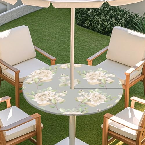 Highdi 3D Tischdecke mit Loch in der Mitte, Abwaschbar Rund Tischdecke mit Fleckenschutz Outdoor Tischdecke mit Gummizug Gartentischdecke für Küche und Picknick (M,Schicke Blume J) von Highdi