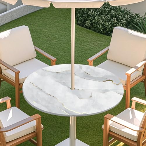 Highdi 3D Tischdecke mit Loch in der Mitte, Abwaschbar Rund Tischdecke mit Fleckenschutz Outdoor Tischdecke mit Gummizug Gartentischdecke für Küche und Picknick (Mode Marmor 9,S) von Highdi