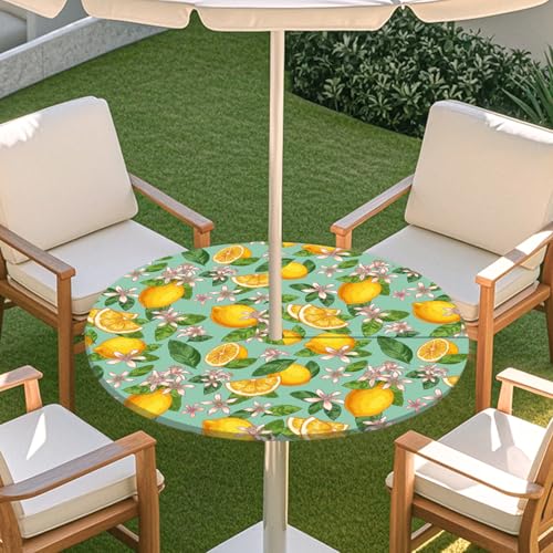 Highdi 3D Tischdecke mit Loch in der Mitte, Abwaschbar Rund Tischdecke mit Fleckenschutz Outdoor Tischdecke mit Gummizug Gartentischdecke für Küche und Picknick (S,Grünes Blatt B) von Highdi