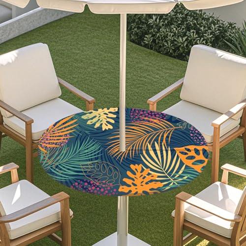 Highdi 3D Tischdecke mit Loch in der Mitte, Abwaschbar Rund Tischdecke mit Fleckenschutz Outdoor Tischdecke mit Gummizug Gartentischdecke für Küche und Picknick (S,Grünes Blatt E) von Highdi