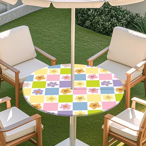 Highdi 3D Tischdecke mit Loch in der Mitte, Abwaschbar Rund Tischdecke mit Fleckenschutz Outdoor Tischdecke mit Gummizug Gartentischdecke für Küche und Picknick (S,Niedliche Blume 6) von Highdi