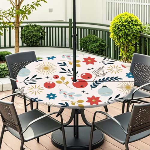 Highdi 3D Tischdecke mit Loch in der Mitte, Abwaschbar Rund Tischdecke mit Fleckenschutz Outdoor Tischdecke mit Gummizug Gartentischdecke für Küche und Picknick (S,Nordische Blume 6) von Highdi