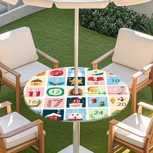 Highdi 3D Tischdecke mit Loch in der Mitte, Abwaschbar Rund Tischdecke mit Fleckenschutz Outdoor Tischdecke mit Gummizug Gartentischdecke für Küche und Picknick (S,Patchwork 4) von Highdi