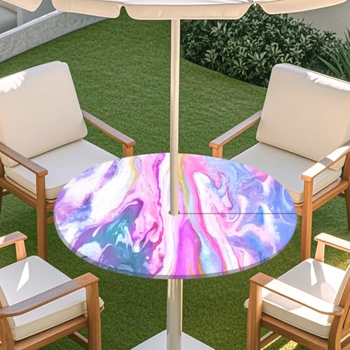 Highdi 3D Tischdecke mit Loch in der Mitte, Abwaschbar Rund Tischdecke mit Fleckenschutz Outdoor Tischdecke mit Gummizug Gartentischdecke für Küche und Picknick (Treibsand Marmor 2,M) von Highdi