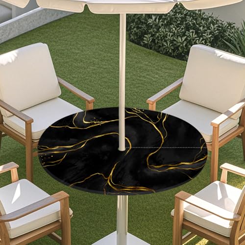 Highdi 3D Tischdecke mit Loch in der Mitte, Abwaschbar Rund Tischdecke mit Fleckenschutz Outdoor Tischdecke mit Gummizug Gartentischdecke für Küche und Picknick (Treibsand Marmor 4,M) von Highdi