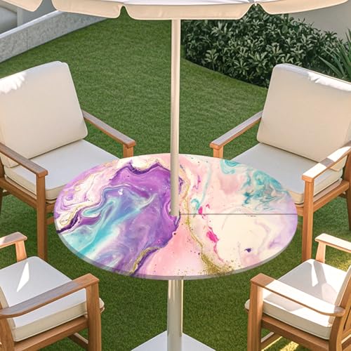 Highdi 3D Tischdecke mit Loch in der Mitte, Abwaschbar Rund Tischdecke mit Fleckenschutz Outdoor Tischdecke mit Gummizug Gartentischdecke für Küche und Picknick (Treibsand Marmor 5,M) von Highdi