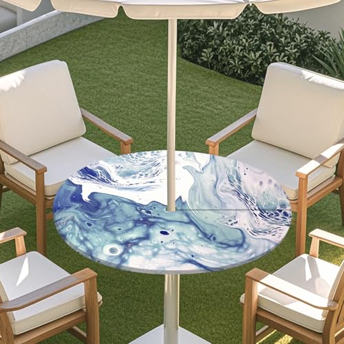 Highdi 3D Tischdecke mit Loch in der Mitte, Abwaschbar Rund Tischdecke mit Fleckenschutz Outdoor Tischdecke mit Gummizug Gartentischdecke für Küche und Picknick (Treibsand Marmor 6,S) von Highdi