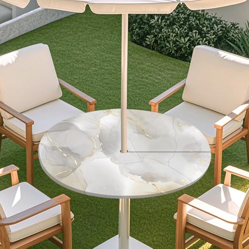 Highdi 3D Tischdecke mit Loch in der Mitte, Abwaschbar Rund Tischdecke mit Fleckenschutz Outdoor Tischdecke mit Gummizug Gartentischdecke für Küche und Picknick (Treibsand Marmor 7,S) von Highdi