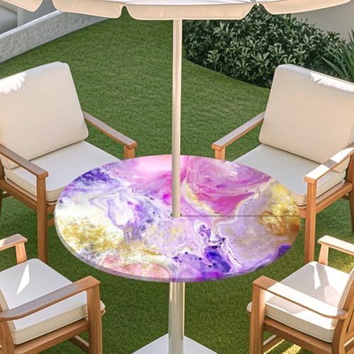 Highdi 3D Tischdecke mit Loch in der Mitte, Abwaschbar Rund Tischdecke mit Fleckenschutz Outdoor Tischdecke mit Gummizug Gartentischdecke für Küche und Picknick (Treibsand Marmor 8,M) von Highdi