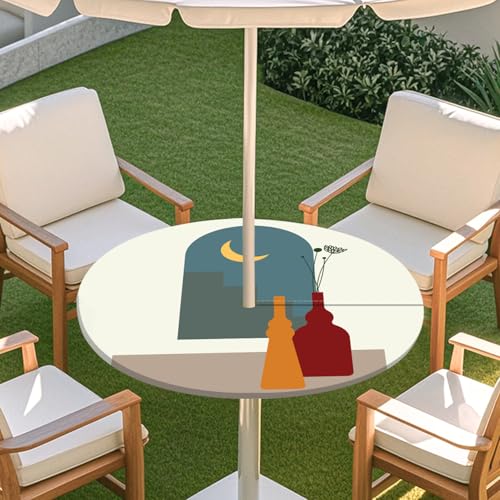 Highdi 3D Tischdecke mit Loch in der Mitte, Abwaschbar Rund Tischdecke mit Fleckenschutz Outdoor Tischdecke mit Gummizug Gartentischdecke für Küche und Picknick (Vase Art 3,L) von Highdi