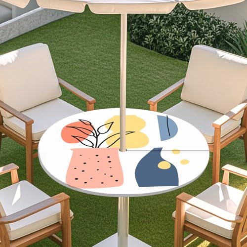 Highdi 3D Tischdecke mit Loch in der Mitte, Abwaschbar Rund Tischdecke mit Fleckenschutz Outdoor Tischdecke mit Gummizug Gartentischdecke für Küche und Picknick (Vase Art 6,M) von Highdi