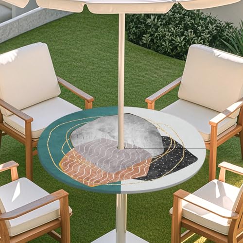 Highdi 3D Tischdecke mit Loch in der Mitte, Abwaschbar Rund Tischdecke mit Fleckenschutz Outdoor Tischdecke mit Gummizug Gartentischdecke für Küche und Picknick (Weinlese-Kunst F,L) von Highdi