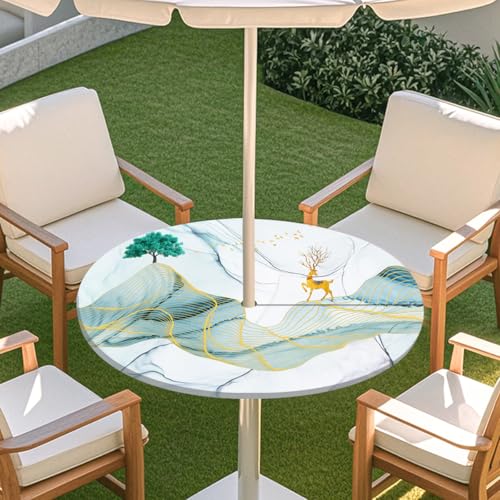 Highdi 3D Tischdecke mit Loch in der Mitte, Abwaschbar Rund Tischdecke mit Fleckenschutz Outdoor Tischdecke mit Gummizug Gartentischdecke für Küche und Picknick (Weinlese-Kunst G,L) von Highdi