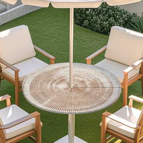 Highdi 3D Tischdecke mit Loch in der Mitte, Abwaschbar Rund Tischdecke mit Fleckenschutz Outdoor Tischdecke mit Gummizug Gartentischdecke für Küche und Picknick (Weinlese-Kunst I,S) von Highdi