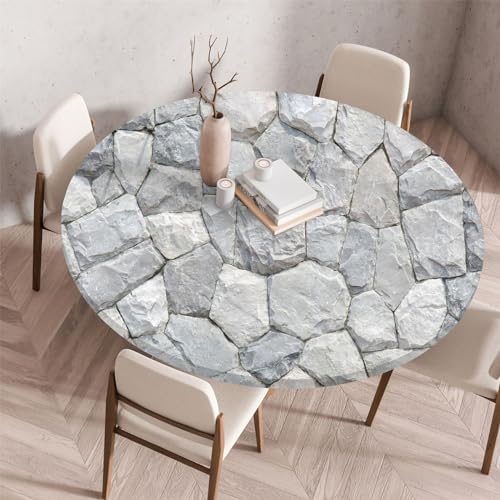 Highdi Elastische Tischdecke Rund Abwaschbar, 3D Spanntischdecke Rund Gartentischdecke Outdoor Round Tischdecke mit Gummizug für Esszimmer, Küche und Picknick (Stein 10,70cm) von Highdi