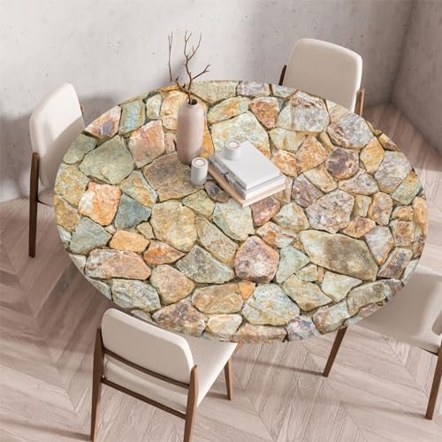 Highdi Elastische Tischdecke Rund Abwaschbar, 3D Spanntischdecke Rund Gartentischdecke Outdoor Round Tischdecke mit Gummizug für Esszimmer, Küche und Picknick (Stein 6,80cm) von Highdi