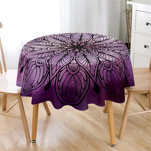 Highdi Rund Tischdecke Abwaschbar Retro Mandala Druck Tischdecken Wasserdicht Antifouling Pflegeleicht Lotuseffekt Tischtuch für Home Küche Dekoration Garten (Durchmesser 90cm,Lila Galaxie) von Highdi