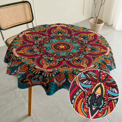 Highdi Tischdecke Abwaschbar Rund 200cm, Outdoor Tischdecken Wasserabweisend Lotuseffekt Mandala Table Cloth Modern tischdecke für Garten Restaurant, Ideal für 140cm-160cm von Highdi