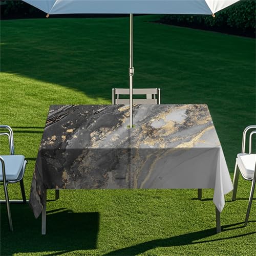 Highdi Tischdecke mit Loch in der Mitte, Abwaschbar Rechteckig Tischdecke mit Schirmloch Outdoor Tischdecke mit Reißverschluss Gartentischdecke für Sonnenschirm (Grüner Marmor 1,305x152cm) von Highdi