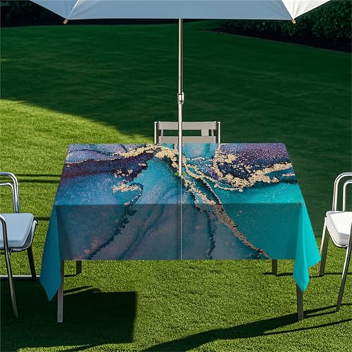 Highdi Tischdecke mit Loch in der Mitte, Abwaschbar Rechteckig Tischdecke mit Schirmloch Outdoor Tischdecke mit Reißverschluss Gartentischdecke für Sonnenschirm (Grüner Marmor 10,259x152cm) von Highdi