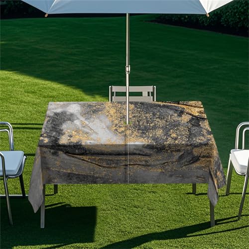 Highdi Tischdecke mit Loch in der Mitte, Abwaschbar Rechteckig Tischdecke mit Schirmloch Outdoor Tischdecke mit Reißverschluss Gartentischdecke für Sonnenschirm (Grüner Marmor 2,305x152cm) von Highdi