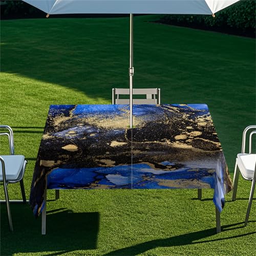 Highdi Tischdecke mit Loch in der Mitte, Abwaschbar Rechteckig Tischdecke mit Schirmloch Outdoor Tischdecke mit Reißverschluss Gartentischdecke für Sonnenschirm (Grüner Marmor 9,305x152cm) von Highdi