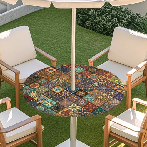 Highdi Tischdecke mit Loch in der Mitte, Abwaschbar Rund Tischdecke mit Fleckenschutz Outdoor Tischdecke mit Gummizug Gartentischdecke für Küche und Picknick (Kaleidoskop 5,M) von Highdi