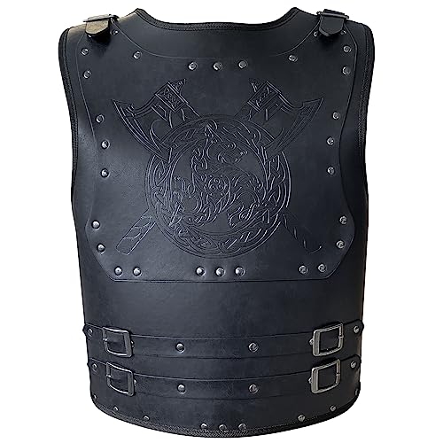 HiiFeuer Viking Warrior PU Leder Brustpanzer, Retro Ritter Leder Körperpanzer, Mittelalterliche Rüstung für LARP/Cosplay (Axe Schwarz) von HiiFeuer