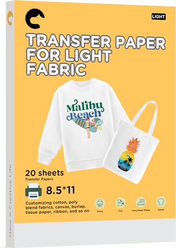 Hiipoo Light Wärmetransferpapier, 21,6 x 27,9 cm, Transferpapier zum Aufbügeln, für T-Shirts, bedruckbar und waschbar, dunkles Transferpapier für Tintenstrahldrucker, 20 Blatt von Hiipoo