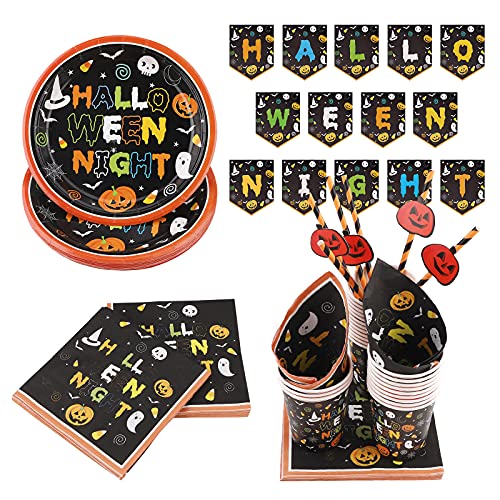 121teiliges Halloween Geschirr Set, Halloween-Partyzubehör, einschließlich 24 Pappteller, 24 Pappbecher, 24 Papierstroh, 48 Servietten, Banner für Halloween Themenparty Dekorationen von Hileyu