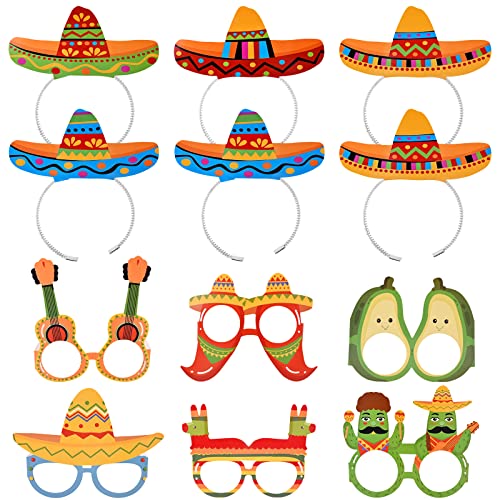 Hileyu 6 Stück Sombrero-Partyhüte und 6 Stück Partybrille Maske,Sombrero-Stirnband Mexikanisches Stirnband Partybrillen aus Papier Mexikanische Fiesta Party Bunte Stirnband Zubehör für Fotorequisiten von Hileyu