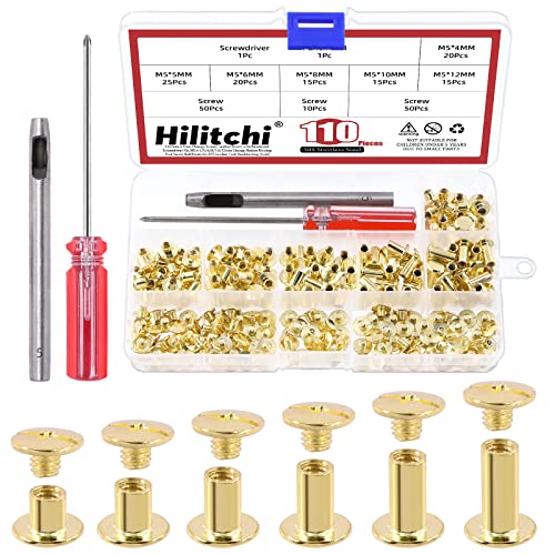 Hilitchi 110 Sets Gold Chicago Schrauben Knöpfe Flachkopfschrauben Ledernieten Kohlenstoffstahl Runde Bindungsschrauben Nieten Nagelniet Ledernieten Schraubverschluss mit Montagewerkzeug (M5 x von Hilitchi