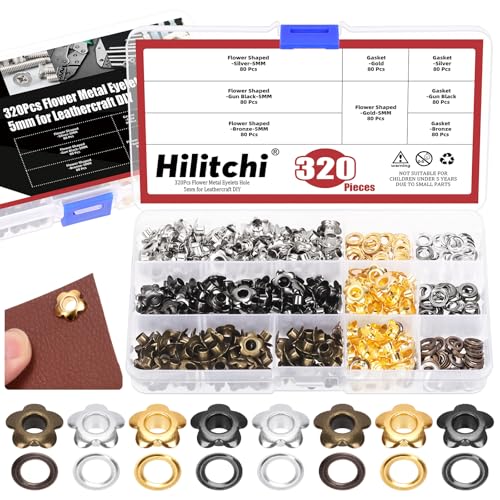 Hilitchi 320 Stück Ösen 3/16 Zoll (5 mm) Metallösen, Blumen-Ösen, mehrfarbig, Ösen-Set für Stoff, Kleidung, Gürtel, Tasche (4 Farben) von Hilitchi