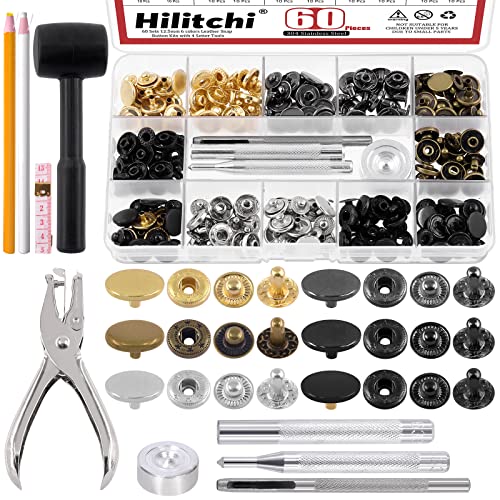 Hilitchi 69 Sets Lederdruckknöpfe, 6 Farben 12,5 mm Druckknöpfe, Metallknöpfe mit Hammerlocher, Anpassungswerkzeuge, Stoffmarker, Maßband für Kleidung, Jeans von Hilitchi