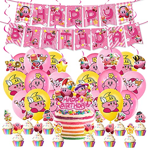 39 Stück Kirby Star Party Supplies, Kirby Geburtstag Party Dekorationen, Kirby Party Dekoration Set Happy Birthday Banner Luftballons Hängende Swirl Cake Topper Cupcake Dekorationen für Kinderparty von Hilloly