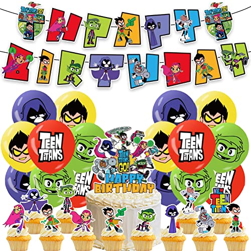 Hilloy Teen Titans Party Dekorationen, 31 Stück Teen Titans Go Party Supplies, Teen Titans Geburtstag Dekoration Cartoon Ballon Happy Birthday Banner Kuchen Topper für Kinder Geburtstag Baby Shower Party von Hilloly