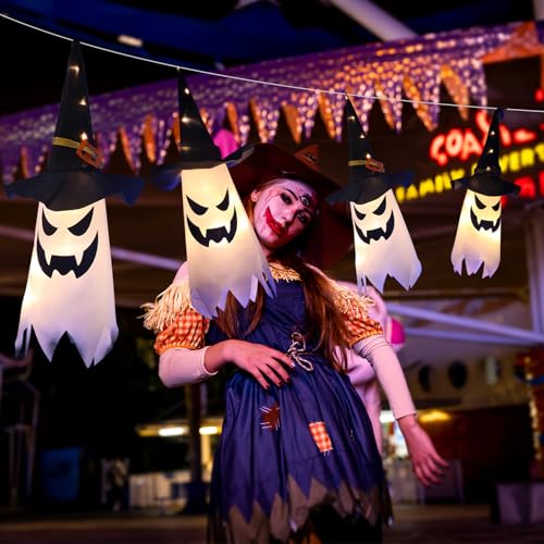 Hillylolly Halloween Deko Outdoor 3 Stück, 80CM Halloween Geist Dekoration Garten mit Hexenhut, LED Hängende Geister, Halloween Deko Geister, für Halloween Karneval Baum Veranda Patio Rasen Vorgarten von Hillylolly