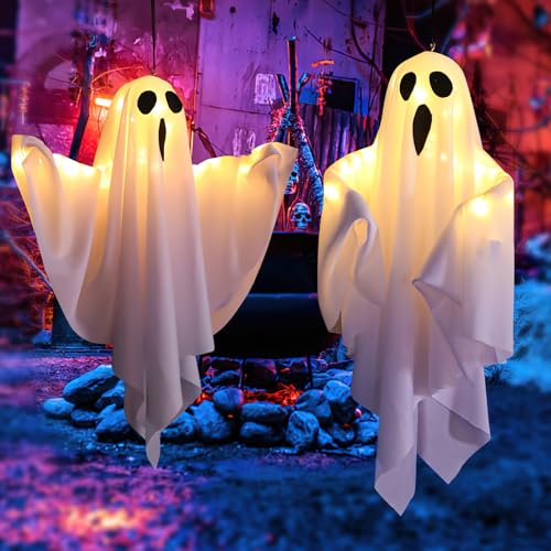 Hillylolly Halloween Deko Outdoor, Hängende Geister mit Lichterketten, LED Hängende Geister, Halloween Deko Geister, für Halloween Terrasse Karneval Baum Veranda Patio Rasen Vorgarten (2Pcs Weiß) von Hillylolly