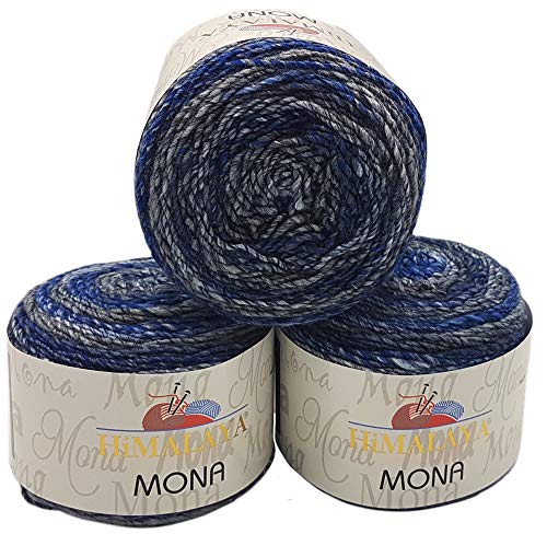 Himalaya Mona 3 x 100 Gramm Strickwolle mit Farbverlauf, 300 Gramm Wolle Mehrfarbig, Farbverlaufswolle (22110 blau grau) von Himalaya Mona