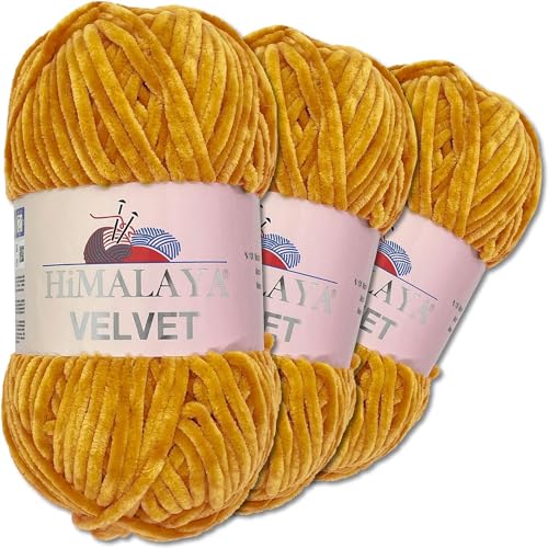 Himalaya Velvet 3 x 100 g Velvet Dolphin Wolle 40 Farben zur Auswahl Chenille Strickgarn Flauschwolle Glanz Accessoire Kleidung Decken (90030 Senf) von Himalaya Velvet