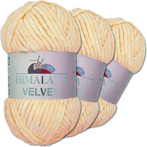 Himalaya Velvet 3 x 100 g Velvet Dolphin Wolle 40 Farben zur Auswahl Chenille Strickgarn Flauschwolle Glanz Accessoire Kleidung Decken (90033 Apricot) von Himalaya Velvet