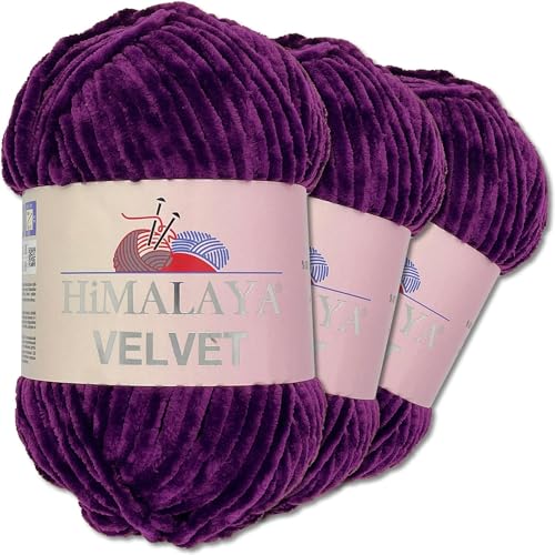 Himalaya Velvet 3 x 100 g Velvet Dolphin Wolle 40 Farben zur Auswahl Chenille Strickgarn Flauschwolle Glanz Accessoire Kleidung Decken wolle zum häkeln (90028 Lila) von Himalaya Velvet