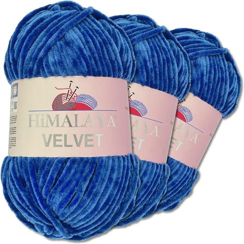 Himalaya Velvet 3 x 100 g Velvet Dolphin Wolle 40 Farben zur Auswahl Chenille Strickgarn Flauschwolle Glanz Accessoire Kleidung Decken wolle zum häkeln (90029 Blau) von Himalaya Velvet