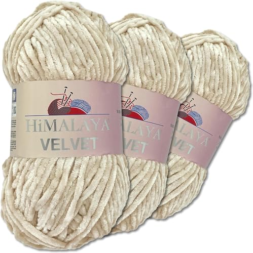 Himalaya Velvet 3 x 100 g Velvet Dolphin Wolle 40 Farben zur Auswahl Chenille Strickgarn Flauschwolle Glanz Accessoire Kleidung Decken wolle zum häkeln (90042 Beige) von Himalaya Velvet