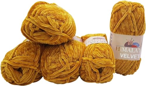 Himalaya Velvet 5 x 100 Gramm Micro-Polyester Strickwolle, Babywolle samtig 500 Gramm Wolle (Gold 90030) von Himalaya Velvet