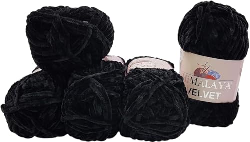 Himalaya Velvet 5 x 100 Gramm Micro-Polyester Strickwolle, Babywolle samtig 500 Gramm Wolle (Schwarz 90011) von Himalaya Velvet