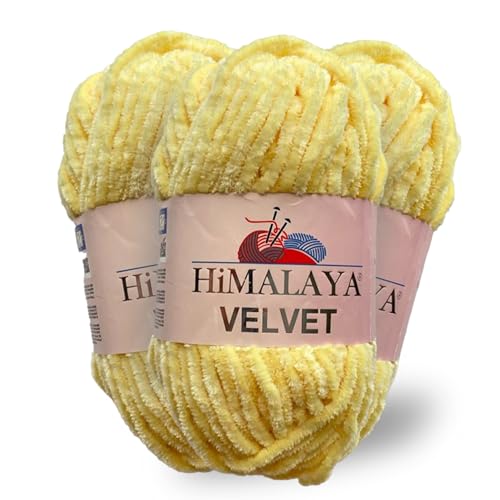 Himalaya 100 g Velvet Dolphin Wolle 40 Farben zur Auswahl Chenille Strickgarn Flauschgarn Glanz Accessoire Kleidung Decken (90002 Hellgelb) von Himalaya velvet