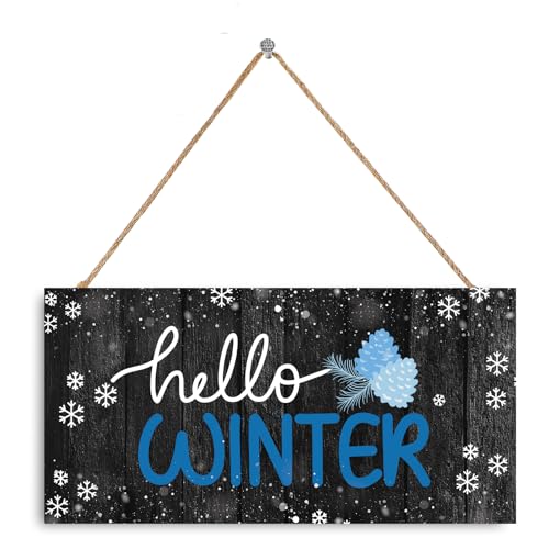 Hinnovy Holzschild mit Aufschrift "Hello Winter", 30 x 15 cm, rustikales Winter-Wandschild mit Juteseil und Haken, Winter-Heimdekoration, perfekt für Büro, Tür oder Geschenk von Hinnovy