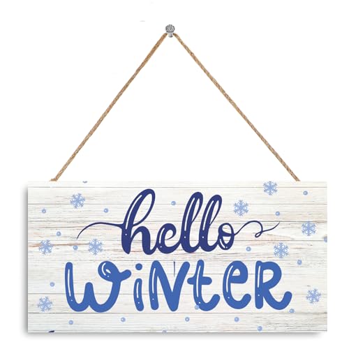 Hinnovy Schild "Hello Winter" – Rustikales 30 x 15 cm Winter-Holzdekor mit Juteseil und schwarzen Haken, leichtes Wand- und Türschild aus massivem Holz für Winterdekorationen, perfekt für Zuhause oder von Hinnovy