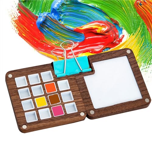 Hinourisha 15 Grid Portable Sketchbook Palette, Wooden Colour Palette Box, Mini Travel Paint Palette, Watercolor Pan Box Tray for Gouache, Acrylic Paint, Come with A Clip Record Beautiful Moments von Hinourisha